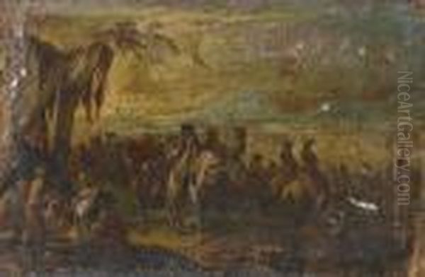 Soldiers On Horseback Passing Through Amilitary Encampment Oil Painting by Francesco Simonini