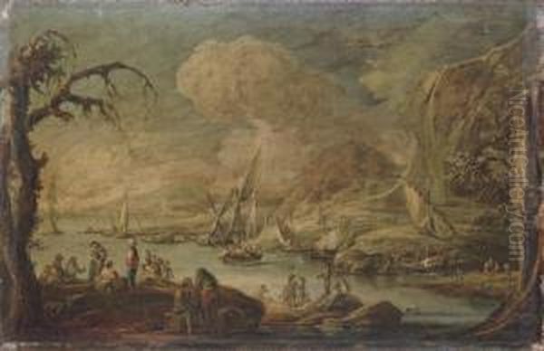 A Coastal Inlet With Soldiers And Peasants Resting, With Shipping Beyond Oil Painting by Francesco Simonini