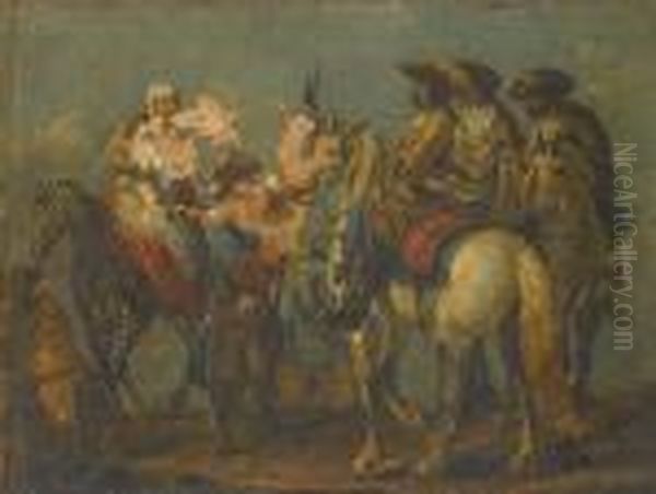 Cavalry Officers Consulting On A Plain; And A Maid Attending Cavalry Officers Oil Painting by Francesco Simonini