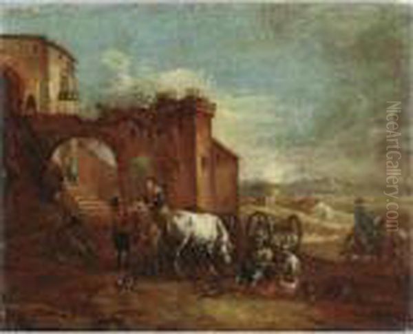 Contadini Presso La Cascina Oil Painting by Francesco Simonini