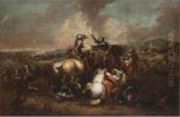 A Cavalry Battle Scene Oil Painting by Francesco Simonini