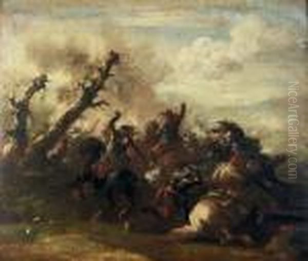 A Cavalry Skirmish Oil Painting by Francesco Simonini