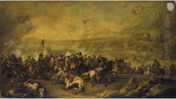 Cavalry Engagement With A Town Beyond Oil Painting by Francesco Simonini