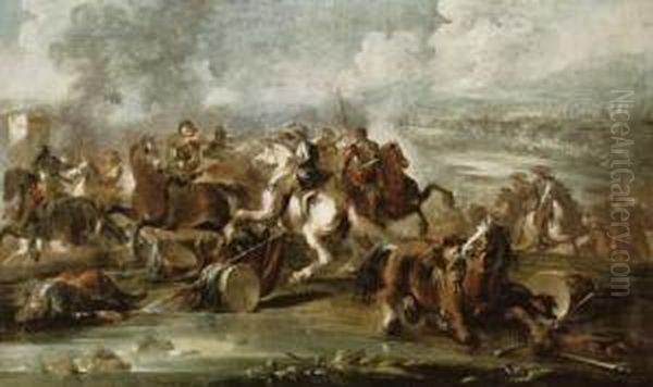 A Cavalry Skirmish On A Riverbank, A City Beyond Oil Painting by Francesco Simonini