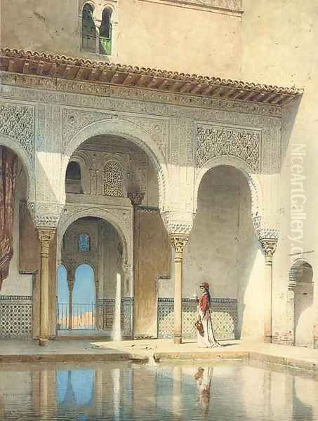 A courtyard in the Alhambra Palace, Granada Oil Painting by Adolf Seel