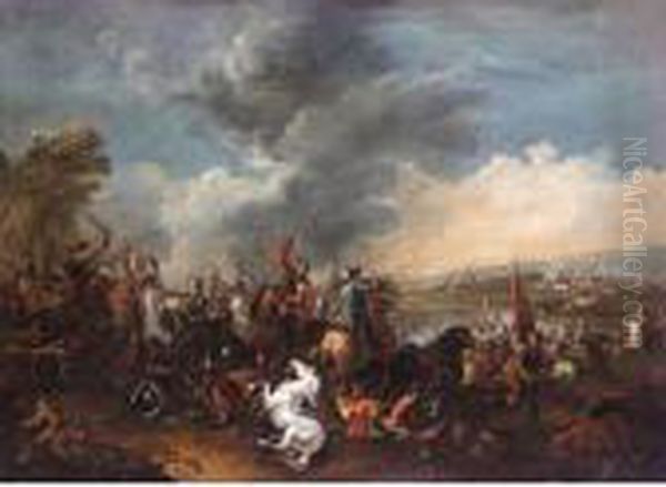 A Cavalry Engagement Oil Painting by Francesco Simonini