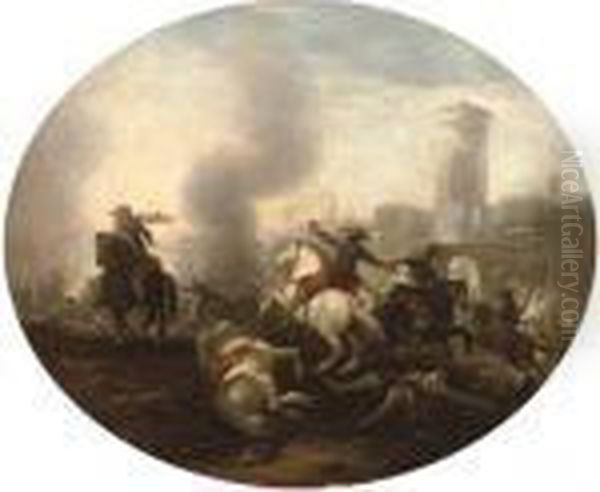 A Cavalry Battle Before A Castle Oil Painting by Francesco Simonini