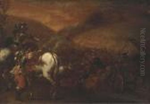 A Cavalry Battle Oil Painting by Francesco Simonini