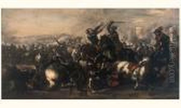 Choc De Cavalerie Au Pied D'une Ville Fortifiee Oil Painting by Francesco Simonini