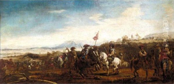 A Cavalry Engagement With A Hilltop Church Beyond Oil Painting by Francesco Simonini