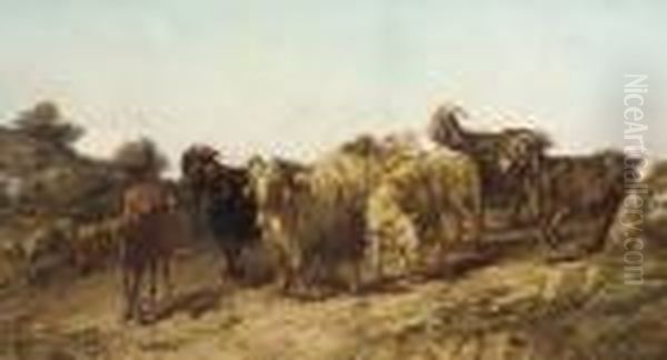 Goats And Sheep In A Rough Terrain Oil Painting by Francesco Simonini