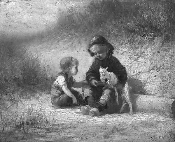 Children feeding a goat Oil Painting by Ferdinand Carl Sierich