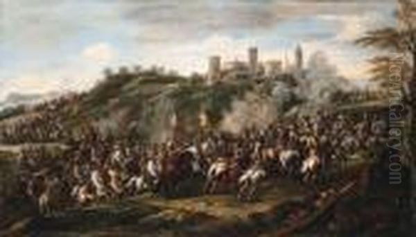 A Cavalry Charge Beneath A Hilltop Fortified Town Oil Painting by Francesco Simonini