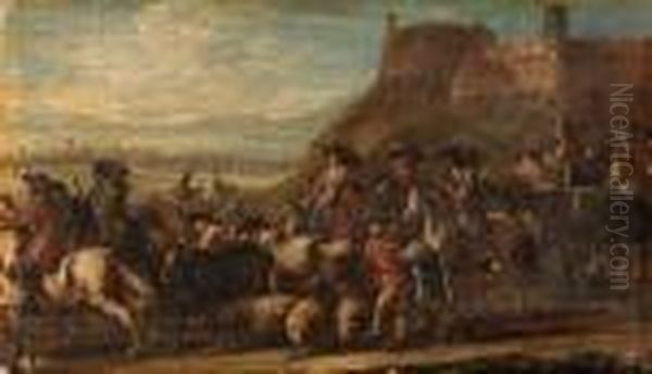 A Cavalry Battle; And Cavalrymen With Prisoners And Cattle Oil Painting by Francesco Simonini