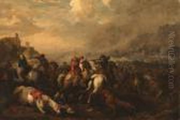 A Cavalry Battle Oil Painting by Francesco Simonini