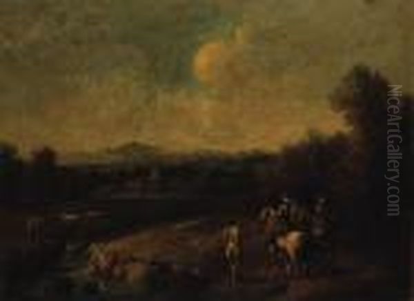 A Wooded River Landscape With Huntsmen On A Track Oil Painting by Francesco Simonini