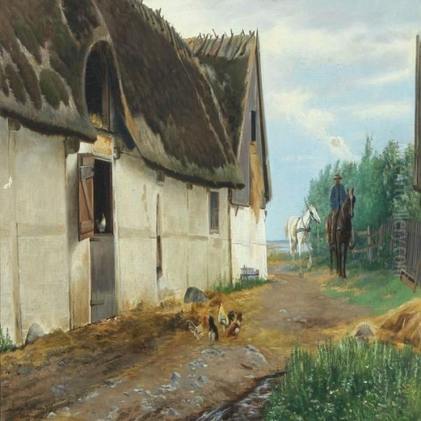 Farm Exterior With Farmer On His Horse Oil Painting by Simon Simonson