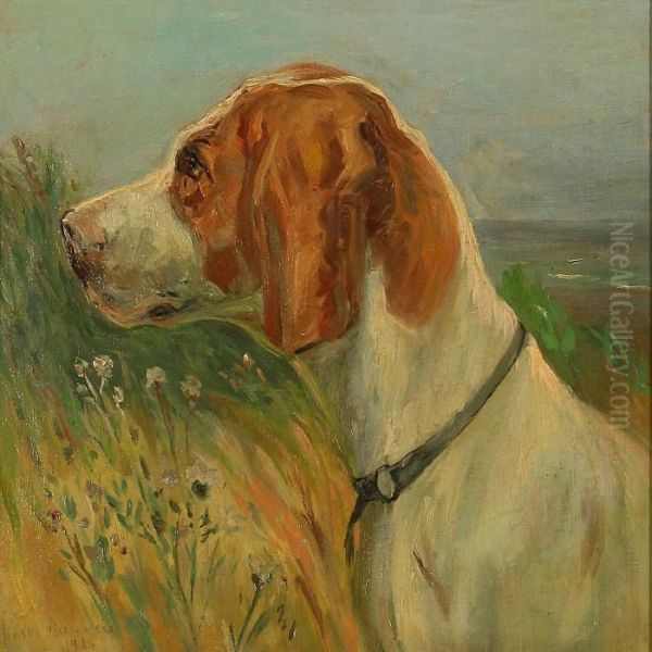 A Hunting Dog Oil Painting by Simon Simonson