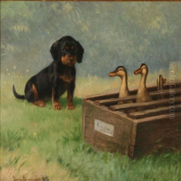 A Dachshund Lookingat Ducks Oil Painting by Simon Simonson