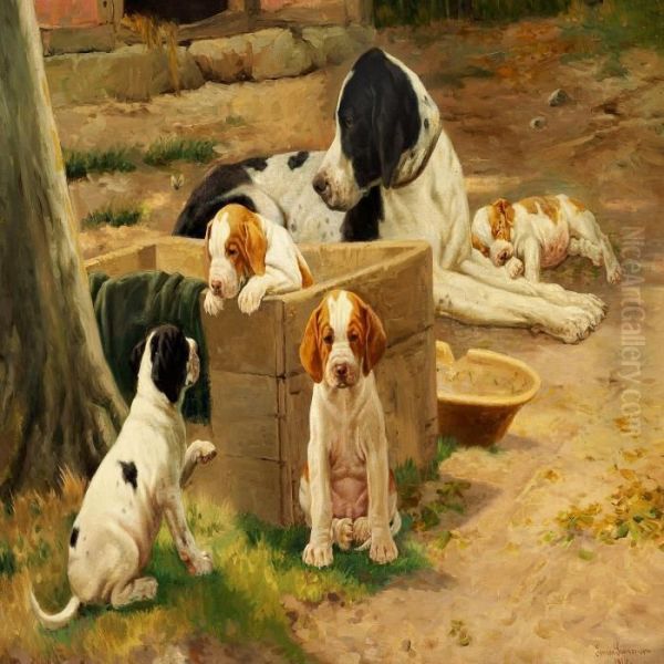 The Pointer Asor With Her Four Puppies Oil Painting by Simon Simonson