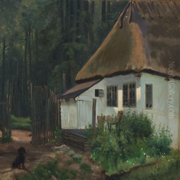 Dachshund Outside A Forest Guard Cottage Oil Painting by Simon Simonson