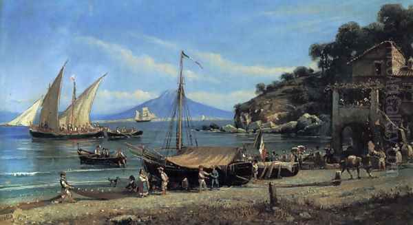 Figures on a beach near Naples Oil Painting by Giovanni Serritelli