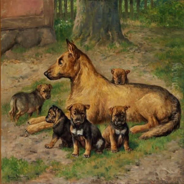 En Schaeferhund Med Sine Hvalpe Oil Painting by Simon Simonson