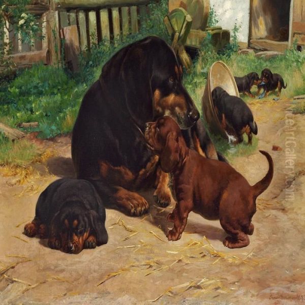 A Dachshund With Her Puppies Oil Painting by Simon Simonson