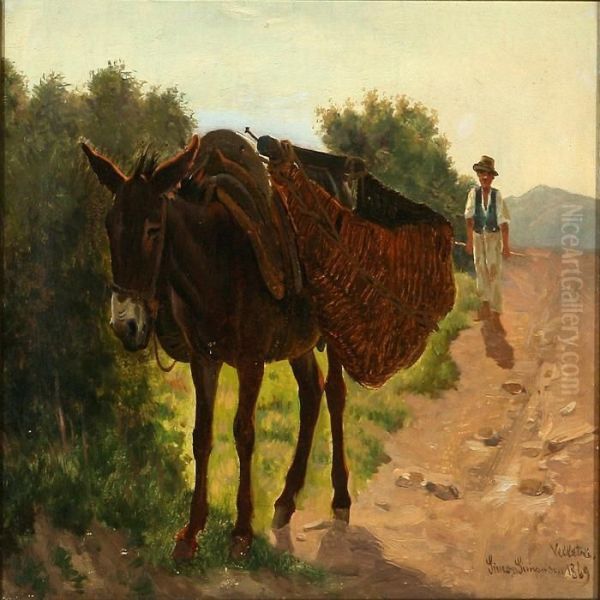 A Farmer And Hesdonkey At Velletri, Italy Oil Painting by Simon Simonson