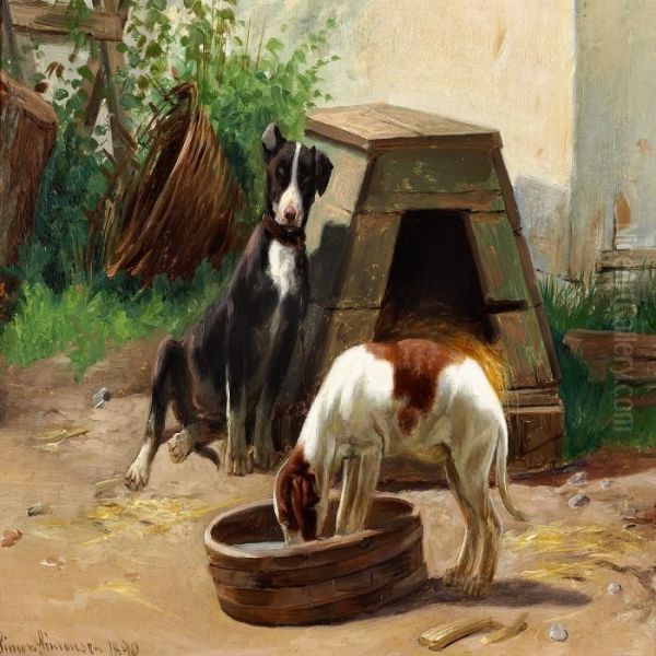 Puppies In A Kennels Oil Painting by Simon Simonson