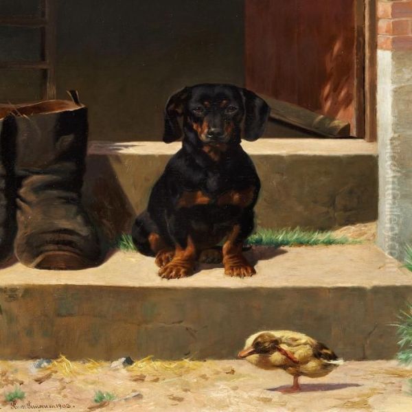 Dachshund And Duckling At A Doorstep Oil Painting by Simon Simonson