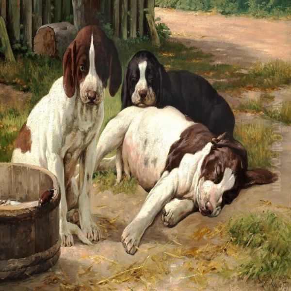 Three Pointer Puppies, One Is Looking At A Beetle Oil Painting by Simon Simonson