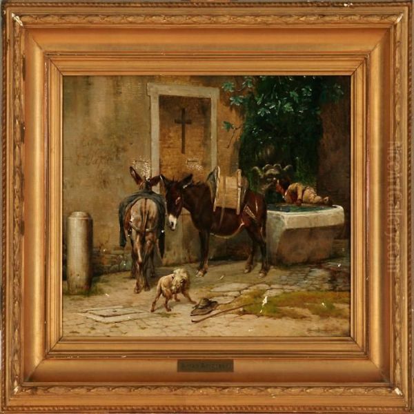 A Scene From Italy With Donkeys And A Boy Drinking From A Fountain Oil Painting by Simon Simonson