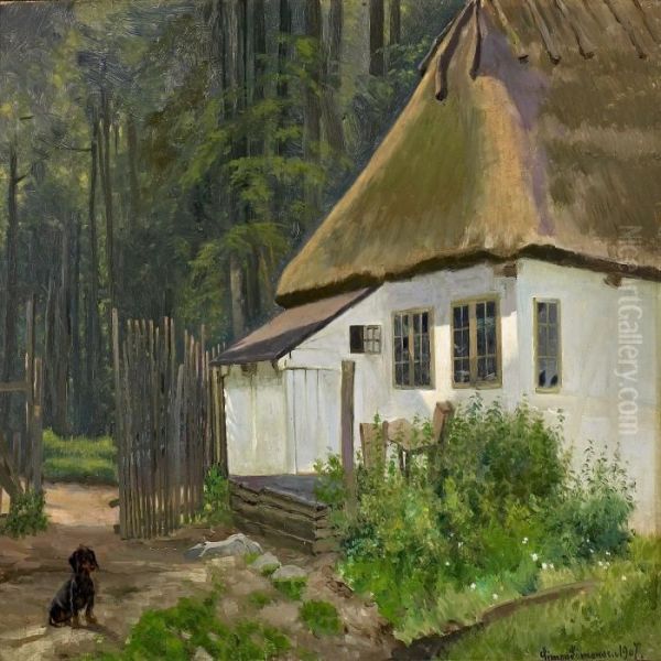 Dachshund Outside Aforest Guard Cottage Oil Painting by Simon Simonson