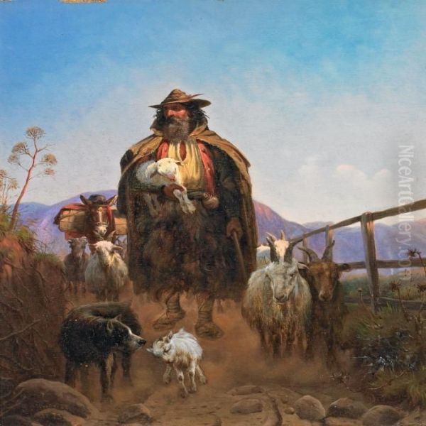 An Italien Shepherd Surrounded By His Dog And Goats Oil Painting by Simon Simonson