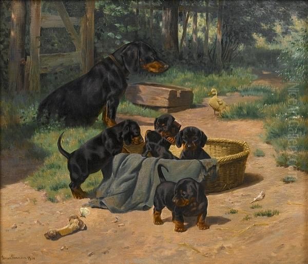 'witte Med Sine Hvalpe' (witte And Her Puppies) Oil Painting by Simon Simonson