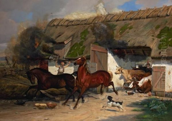 Fire At The Farm Oil Painting by Simon Simonson