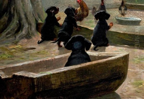 Dachshund Puppies Oil Painting by Simon Simonson