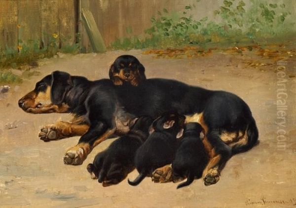 A Dachshund And Her Puppies Oil Painting by Simon Simonson