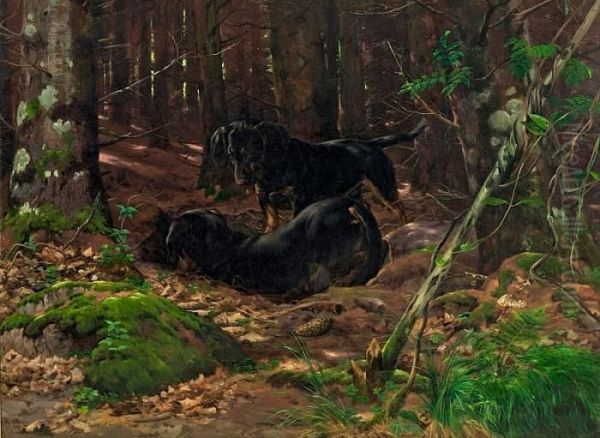 Simonsen: Two Playful Dogs In The Woods. Signed Simon Simonsen Oil Painting by Simon Simonson