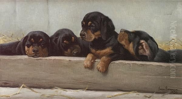 Dachshund Puppies Oil Painting by Simon Simonson