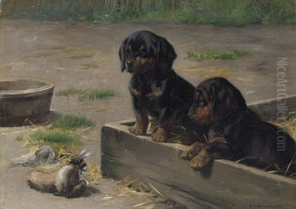 Dachshund Puppies With A Bumblebee Oil Painting by Simon Simonson