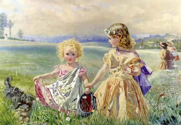 Children Garlanded With Flowers In A Meadow Oil Painting by J. Deane Simmons