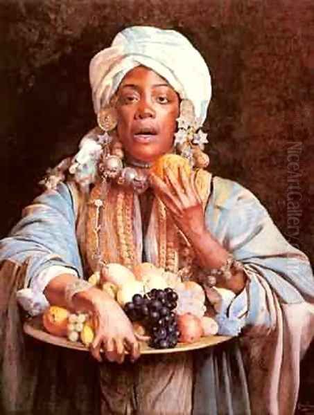 A North African Fruit Vendor Oil Painting by Giuseppe Signorini