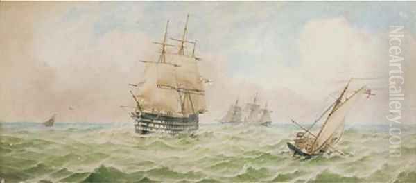 A Royal Naval First Rate passing an Admiralty cutter in the Channel Oil Painting by William Frederick Settle