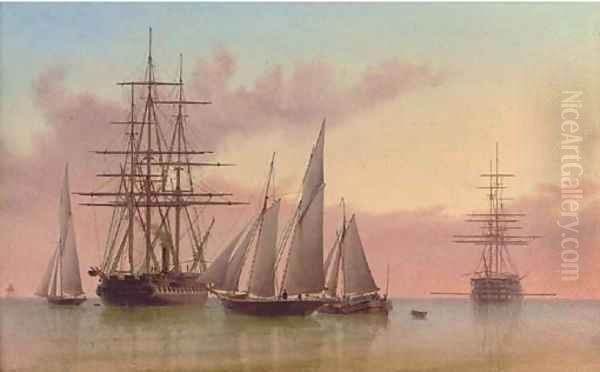 Warships and other vessels in a calm Oil Painting by William Frederick Settle