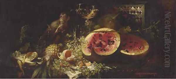 A Monkey at a table with fruit and wine Oil Painting by Hans Schlimarski