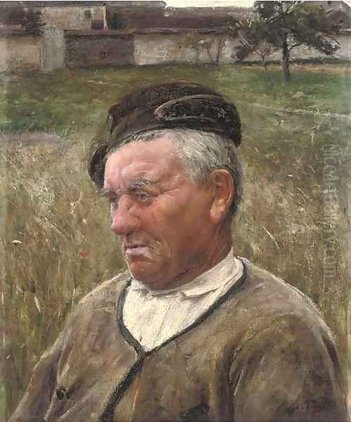 A farmer in a meadow Oil Painting by Jose Julio de Souza-Pinto