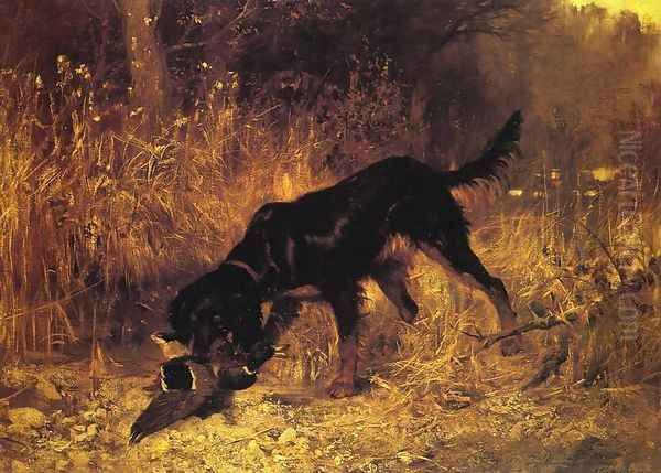 Retrieving a Mallard Oil Painting by Josef Schmitzberger