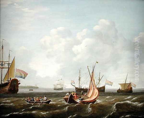 A Sailing Boat, A River Boat and a Dutch Three-Master off the Coast Oil Painting by Adam Silo